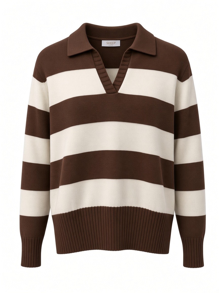 Dámsky pruhovaný POLO pulóver SHEEP FASHION MILK CHOCOLATE Hnedý s.WEAR 14